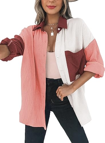 Dokotoo Bluse Damen Musselin Langarmshirt Baumwolle Lässig Oberteile Hemd Langarm Farbblock Shirts Knopfleiste Tops Hemdjacke Braun L von Dokotoo