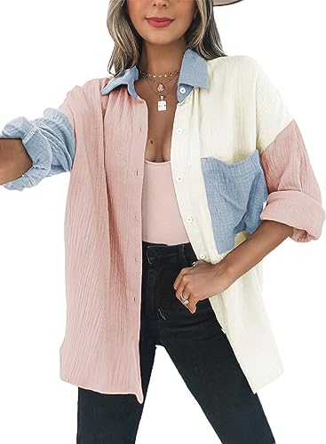 Dokotoo Bluse Damen Musselin Langarmshirt Baumwolle Lässig Oberteile Hemd Langarm Farbblock Shirts Knopfleiste Tops Hemdjacke Rosa XL von Dokotoo