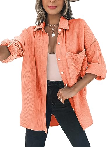 Dokotoo Bluse Damen Musselin Langarmshirt Baumwolle Lässig Oberteile Hemd Langarm Knopfleiste Shirts Einfarbig Tops Hemdjacke Orange XL von Dokotoo