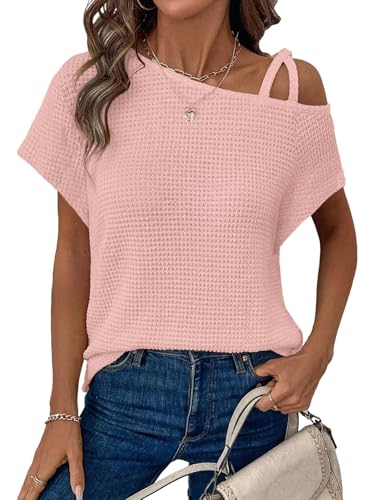 Dokotoo Bluse Damen Sommer Schulterfrei Tshirt Kurzarm Waffelstrick Oberteile Einfarbig Lässig Lose T Shirts Tops, rosa, M von Dokotoo