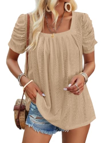 Dokotoo Bluse Damen Elegant Sommer T-Shirts Oberteile Kurzarm Puffärmel Spreizkragen Spitze Aushöhlen Elegante Oberteil Plissierte Kurze Ärmel Tops Spitzenbluse Einfarbig Tuniken Blusen Pergament L von Dokotoo