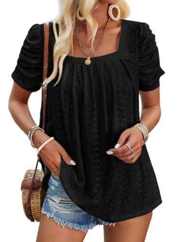 Dokotoo Bluse Damen Elegant Sommer T-Shirts Oberteile Kurzarm Puffärmel Spreizkragen Spitze Aushöhlen Elegante Oberteil Plissierte Kurze Ärmel Tops Spitzenbluse Einfarbig Tuniken Blusen Schwarz L von Dokotoo
