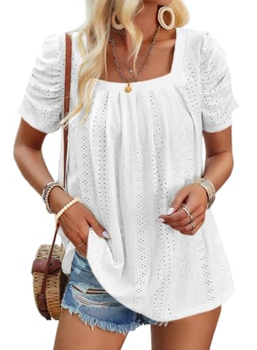 Dokotoo Bluse Damen Elegant Sommer T-Shirts Oberteile Kurzarm Puffärmel Spreizkragen Spitze Aushöhlen Elegante Oberteil Plissierte Kurze Ärmel Tops Spitzenbluse Einfarbig Tuniken Blusen Weiß S von Dokotoo
