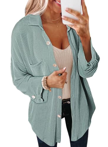 Dokotoo Bluse Damen V-Ausschnitt 3/4 Ärmel Oversized Lässige Hemdjacke Knopfleiste Stehkragen Hemdbluse Oberteil Jacke mit Brusttasche, grün, XL von Dokotoo