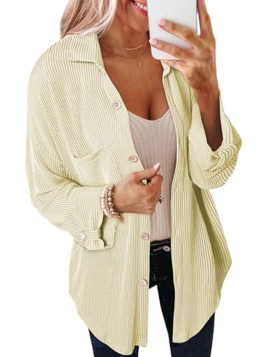 Dokotoo Bluse Damen V-Ausschnitt Langarm Hemd Oversized Lässige Hemdjacke Knopfleiste Rippstrick Longbluse Oberteil Jacke, beige, S von Dokotoo