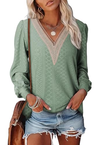 Dokotoo Bluse Damen V Ausschnitt Langarm Oberteile Spitzen Laternenärmel Tunika Casual Locker T Shirt Tops, grün, XXL von Dokotoo