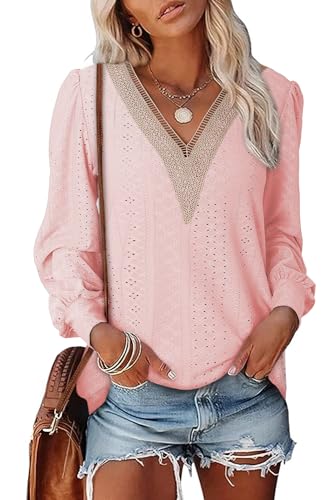 Dokotoo Bluse Damen V Ausschnitt Langarm Oberteile Spitzen Laternenärmel Tunika Casual Locker T Shirt Tops, rosa, XXL von Dokotoo