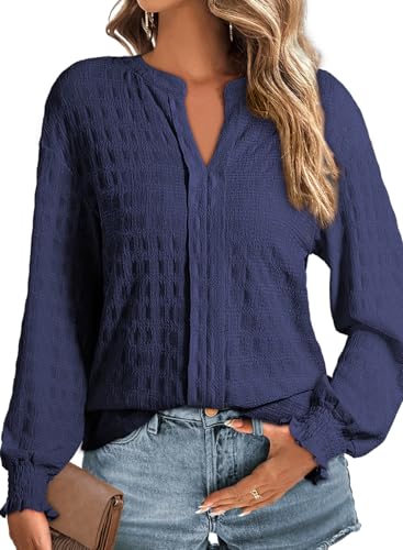 Dokotoo Blusen Damen Langarm Elegant Oberteile V Ausschnitt Pullover Hemd T-Shirts Lässig Tuniken Hemdbluse Herbst Einfarbig Tops Bluse Hemden Blau S von Dokotoo