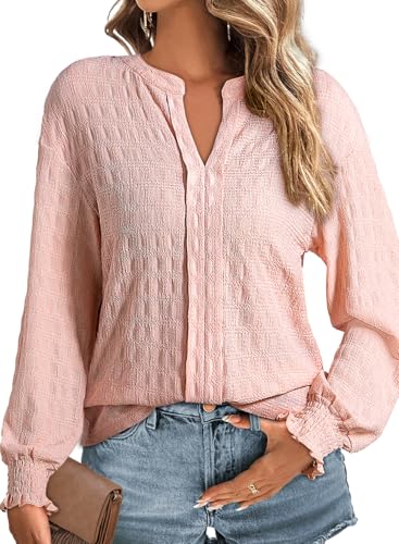Dokotoo Blusen Damen Langarm Elegant Oberteile V Ausschnitt Pullover Hemd T-Shirts Lässig Tuniken Hemdbluse Herbst Einfarbig Tops Bluse Hemden Rosa XL von Dokotoo