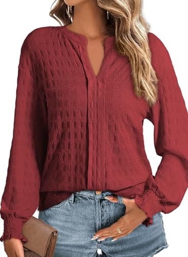 Dokotoo Blusen Damen Langarm Elegant Oberteile V Ausschnitt Pullover Hemd T-Shirts Lässig Tuniken Hemdbluse Herbst Einfarbig Tops Bluse Hemden Rot 2XL von Dokotoo