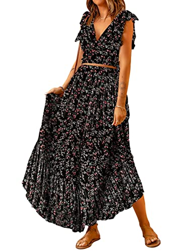 Dokotoo Boho Kleid Damen Sommer Elegant V-Ausschnitt Tops Hoher Taille Tunika Maxikleider Blumen Rüschen Flügelärmel Wickel Chiffon Lang 2-Teiliges Rock-Set Schwarz L von Dokotoo