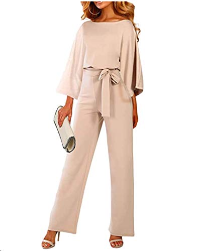 Dokotoo Damen 3/4 Hülse Lang Jumpsuit Elegant Overall Jumpsuits O-Ausschnitt Hosenanzug Festlich Hochzeit Playsuit Romper mit Gürtel Aprikose L von Dokotoo