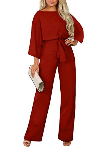 Dokotoo Damen 3/4 Hülse Lang Jumpsuit Elegant Overall Jumpsuits O-Ausschnitt Hosenanzug Festlich Hochzeit Playsuit Romper mit Gürtel Rot L von Dokotoo