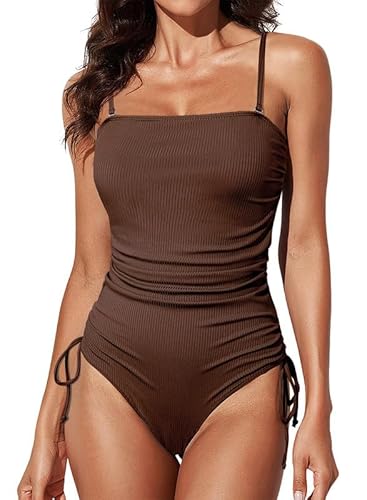 Dokotoo Damen Badeanzug Bandeau Spaghettiträger Schwimmanzug Raffung Bauchweg Einteilige Bademode Swimsuit, Kaffee, L von Dokotoo