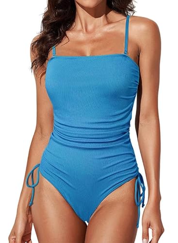 Dokotoo Damen Badeanzug Bandeau Spaghettiträger Schwimmanzug Raffung Bauchweg Einteilige Bademode Swimsuit, hellblau, L von Dokotoo