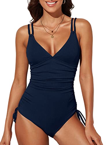 Dokotoo Damen Badeanzug Blau V-Ausschnitt Rückenfrei Monokini Raffung Bauchweg Einteilige Bademode Swimsuit Mittel von Dokotoo