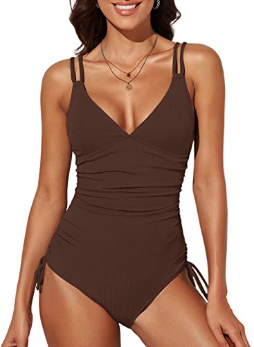 Dokotoo Damen Badeanzug Braun V-Ausschnitt Rückenfrei Einteiliger Schwimmanzug Bauchweg Push up Bademode Swimsuit Groß von Dokotoo