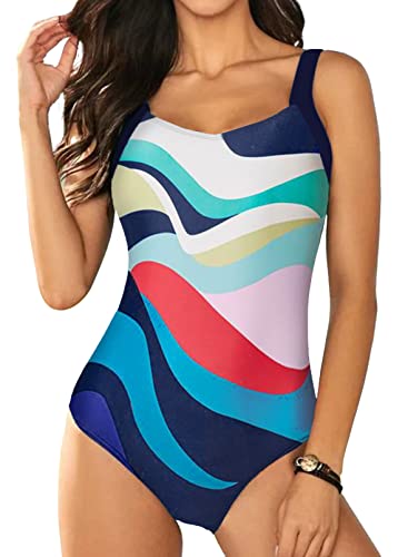 Dokotoo Damen Badeanzug Drucken Einteiliger Schwimmanzug Sport Bauchweg Bademode Swimsuit, Mehrfarbig, XXL von Dokotoo