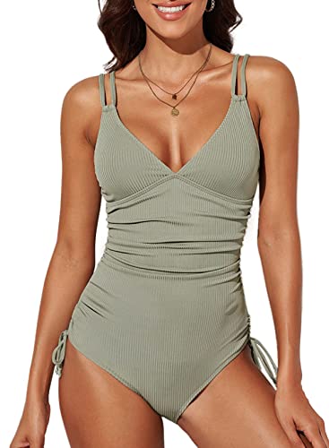 Dokotoo Damen Badeanzug Grün V-Ausschnitt Rückenfrei Bauchweg Schwimmanzug Gerippte Einteilige Bademode Swimsuit Groß von Dokotoo