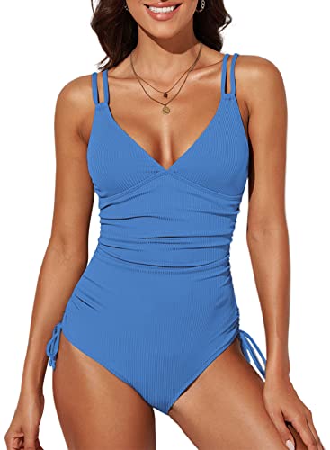 Dokotoo Damen Badeanzug Himmelblau V-Ausschnitt Rückenfrei Schwimmanzug Raffung Bauchweg Einteilige Bademode Swimsuit Klein von Dokotoo