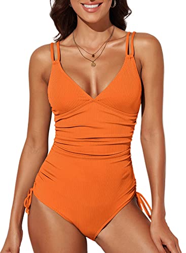 Dokotoo Damen Badeanzug Orange V-Ausschnitt Rückenfrei Bademode Raffung Bauchweg Einteiliger Schwimmanzug Swimsuit X-Groß von Dokotoo