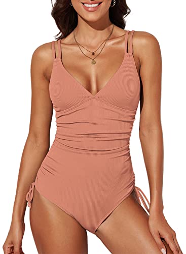 Dokotoo Damen Badeanzug Rosa V-Ausschnitt Rückenfrei Bauchweg Schwimmanzug Kordelzug Side Einteilige Bademode Swimsuit Groß von Dokotoo