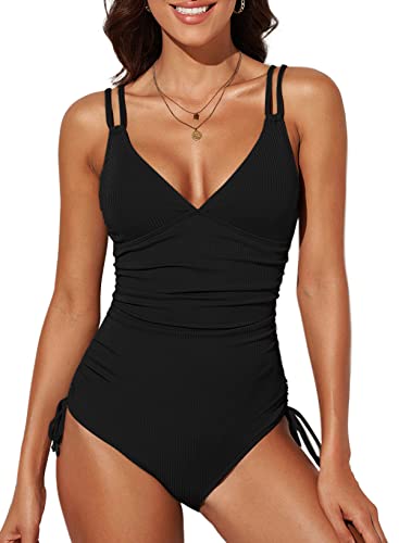 Dokotoo Damen Badeanzug Schwarz V-Ausschnitt Rückenfrei Bademode Raffung Bauchweg Einteilige Strandmode Swimsuit Groß von Dokotoo