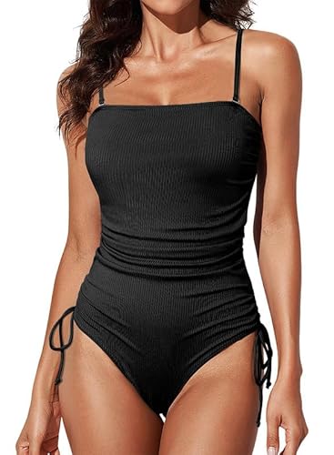 Dokotoo Damen Badeanzug Sexy Spaghettiträger Bademode Raffung Bauchweg Einteilige Monokinis Swimsuit, schwarz, XL von Dokotoo