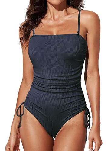 Dokotoo Damen Badeanzug Sexy Spaghettiträger Shape Bademode Raffung Bauchweg Einteilige Strandmode Swimsuit, Navy blau, XXL von Dokotoo