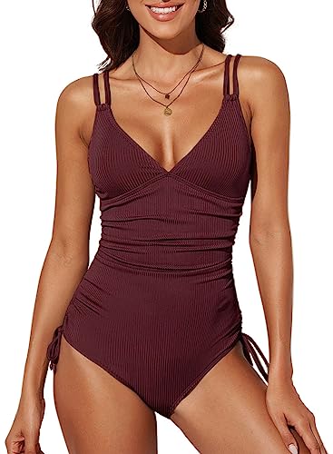 Dokotoo Damen Badeanzug V-Ausschnitt Rückenfrei Bademode Raffung Bauchweg Einteilige Strandmode Swimsuit, rot, XXL von Dokotoo