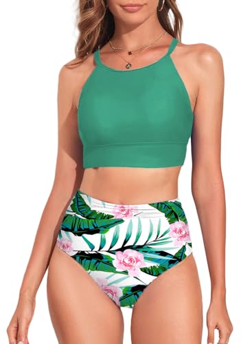 Dokotoo Damen Bikini Set Blumenmuster High Waist Bauchweg Bademode Zweiteiliger Badeanzug Swimsuit Mädchen, grün, XS von Dokotoo