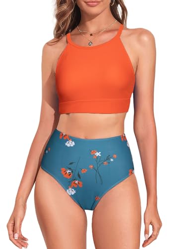 Dokotoo Damen Bikini Set Blumenmuster High Waist Bauchweg Bademode Zweiteiliger Tankini Badeanzug, orange, M von Dokotoo