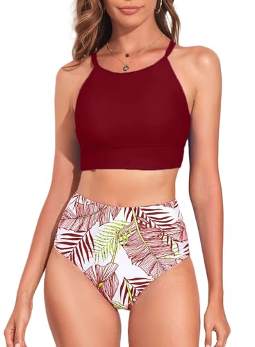 Dokotoo Damen Bikini Set Blumenmuster High Waist Bauchweg Bademode Zweiteiliger Tankini Badeanzug, rot, L von Dokotoo