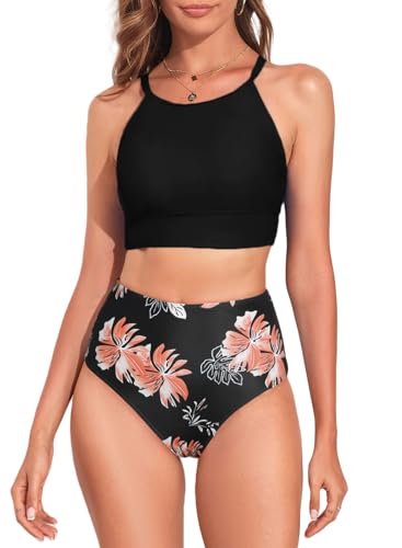 Dokotoo Damen Bikini Set Blumenmuster High Waist Bauchweg Bademode Zweiteiliger Tankini Badeanzug, schwarz, L von Dokotoo