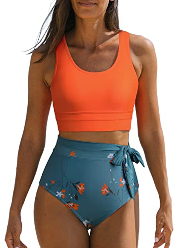 Dokotoo Damen Bikini Set High Waist Bauchweg Bademode Blumenmuster Zweiteiliger Badeanzug Side Tie Swimsuit, orange, L von Dokotoo