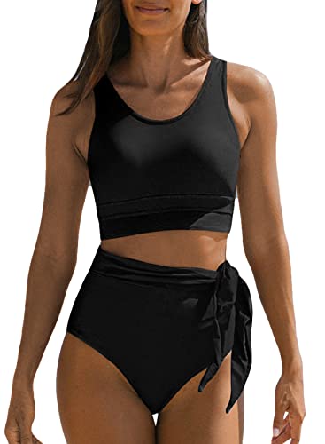 Dokotoo Damen Bikini Set High Waist Bauchweg Bademode Schwarz Zweiteiliger Badeanzug Side Tie Swimsuit Klein von Dokotoo