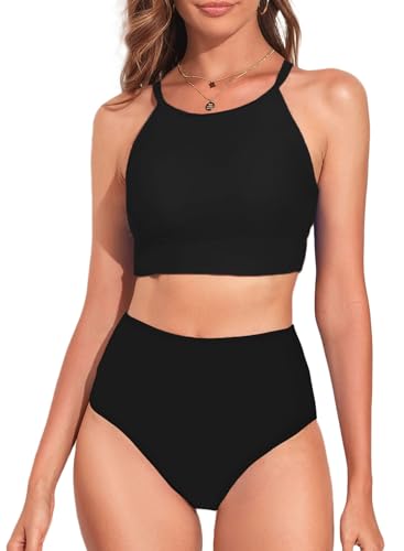 Dokotoo Damen Bikini Set Schwarz High Waist Bauchweg Bademode Zweiteiliger Tankini Badeanzug Klein von Dokotoo