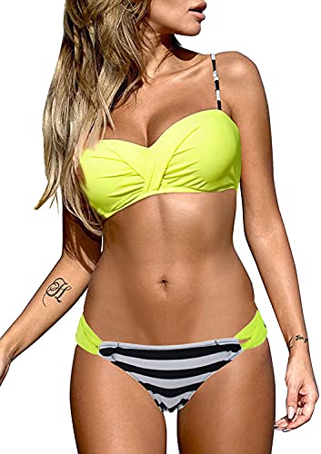 Dokotoo Damen Bikini Set Sexy Push Up Badeanzug Zweiteilige Bademode Swimsuit, Gelb Streifen, M von Dokotoo