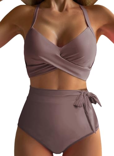 Dokotoo Damen Bikini Set Wickeloptik Push Up Bademode Bauchweg High Waist Zweiteiliger Badeanzug Swimsuit, Kaffee, XXL von Dokotoo