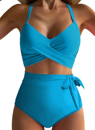 Dokotoo Damen Bikini Set Wickeloptik Push Up Bademode Bauchweg High Waist Zweiteiliger Badeanzug Swimsuit, himmelblau, M von Dokotoo