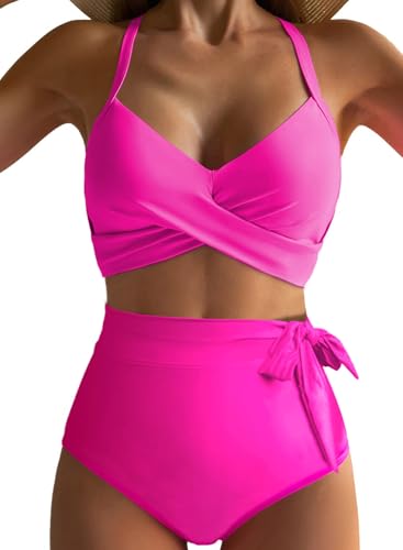 Dokotoo Damen Bikini Set Wickeloptik Push Up Bademode Bauchweg High Waist Zweiteiliger Badeanzug Swimsuit, rosenrot, M von Dokotoo