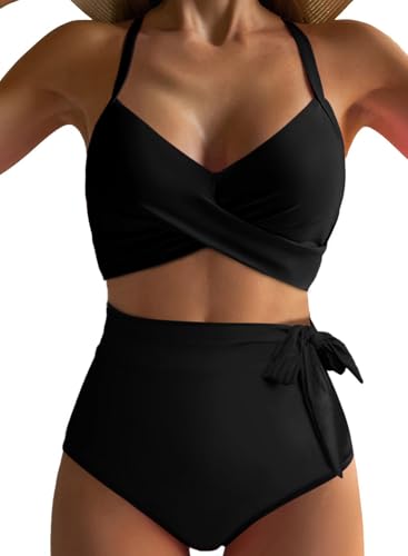 Dokotoo Damen Bikini Set Wickeloptik Push Up Bademode Bauchweg High Waist Zweiteiliger Badeanzug Swimsuit, schwarz, L von Dokotoo