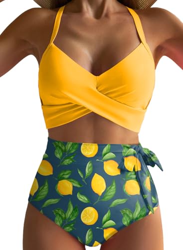 Dokotoo Damen Bikini Set Wickeloptik Push Up Bademode Blumenmuster High Waist Zweiteiliger Badeanzug Swimsuit, gelb, S von Dokotoo