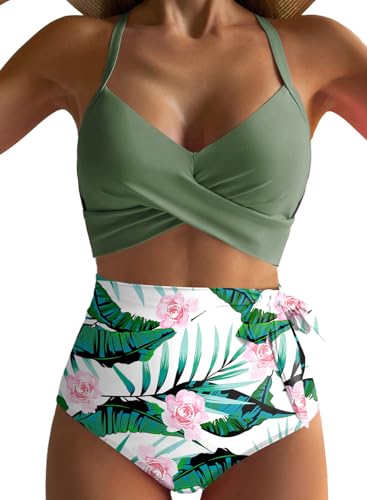 Dokotoo Damen Bikini Set Wickeloptik Push Up Bademode Blumenmuster High Waist Zweiteiliger Badeanzug Swimsuit, grün, S von Dokotoo