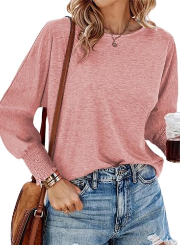 Dokotoo Damen Bluse Basic Rundhals Langarmshirt Frühling Sommer Langarm T-Shirt Einfarbig Lässige Oberteile Shirts Tunika, rosa, XL von Dokotoo