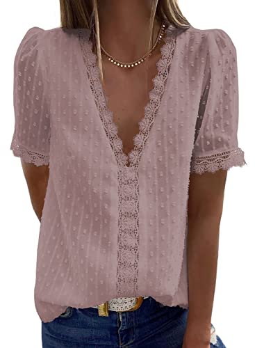 Dokotoo Damen Bluse Boho Spitze T-Shirt Tops Elegant Frühling Sommer V-Ausschnitt Oberteile Tunika, rosa, L von Dokotoo