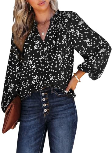 Dokotoo Damen Bluse Elegant Blumen Chiffon Tunika V-Ausschnitt Langarm Locker Oberteil Hemd Shirt, schwarz, ​M von Dokotoo