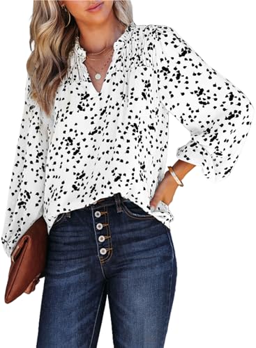 Dokotoo Damen Bluse Elegant Blumen Chiffon Tunika V-Ausschnitt Langarm Locker Oberteil Hemd Shirt, weiß, ​M von Dokotoo