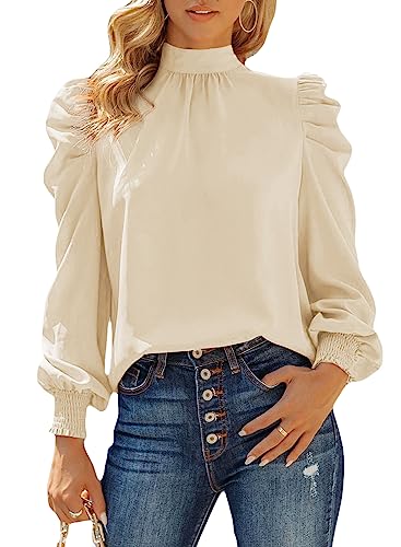 Dokotoo Damen Bluse Elegant Business Chiffon Blusenshirt Einfarbig Stehkragen Puffärmel Oberteil Tops, Aprikose, XXL von Dokotoo