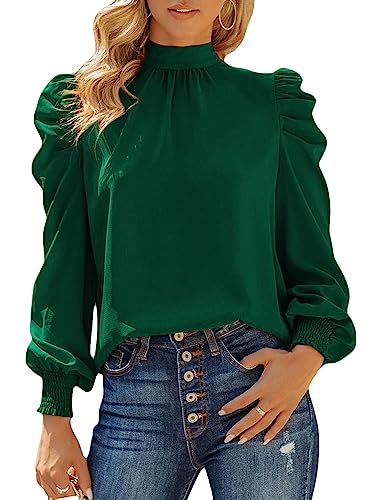 Dokotoo Damen Bluse Elegant Business Chiffon Blusenshirt Einfarbig Stehkragen Puffärmel Oberteil Tops, grün, XXL von Dokotoo